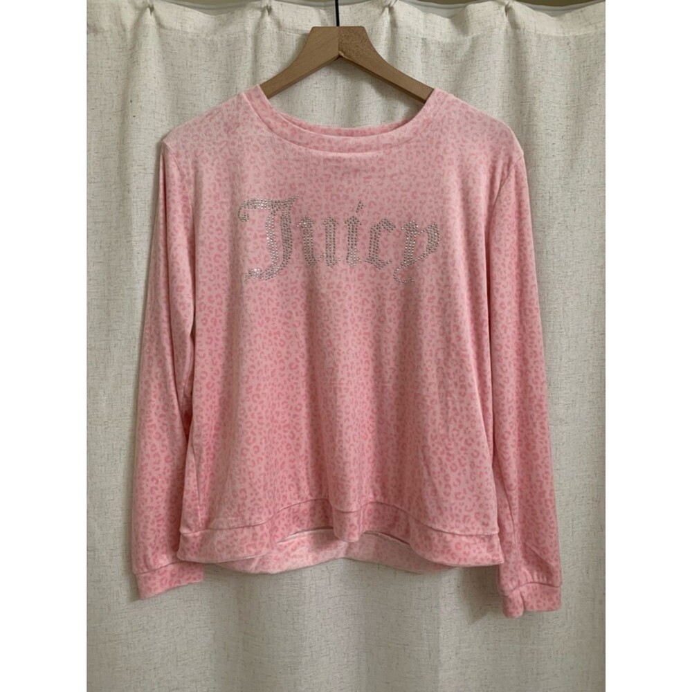 Juicy Couture Pink Velour Leopard Rhinestone Logo Pullover Pajama Top Large